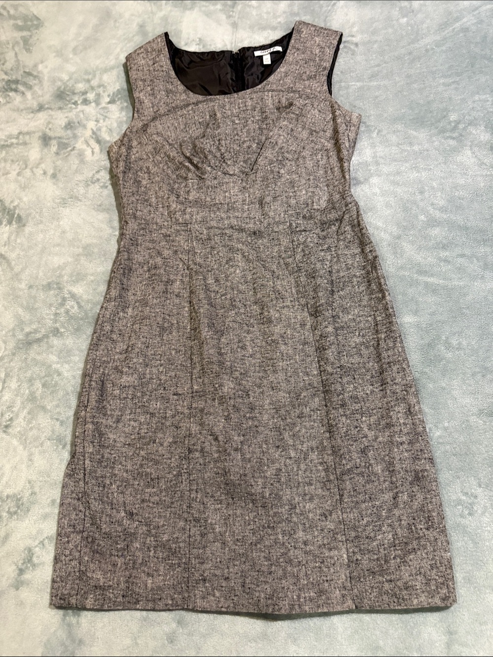 Sleeveless Grey Midi Linen Blend Sheath Dress - Tailored Office Style, size 12
